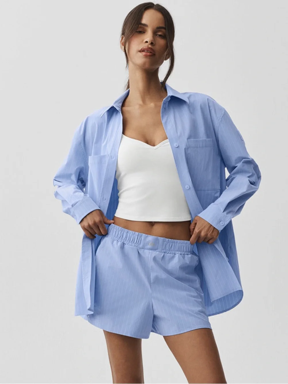 NWT ALO Yoga Pinstripe Daylight Boxer Shorts in Light Provence Blue/ White NWT
